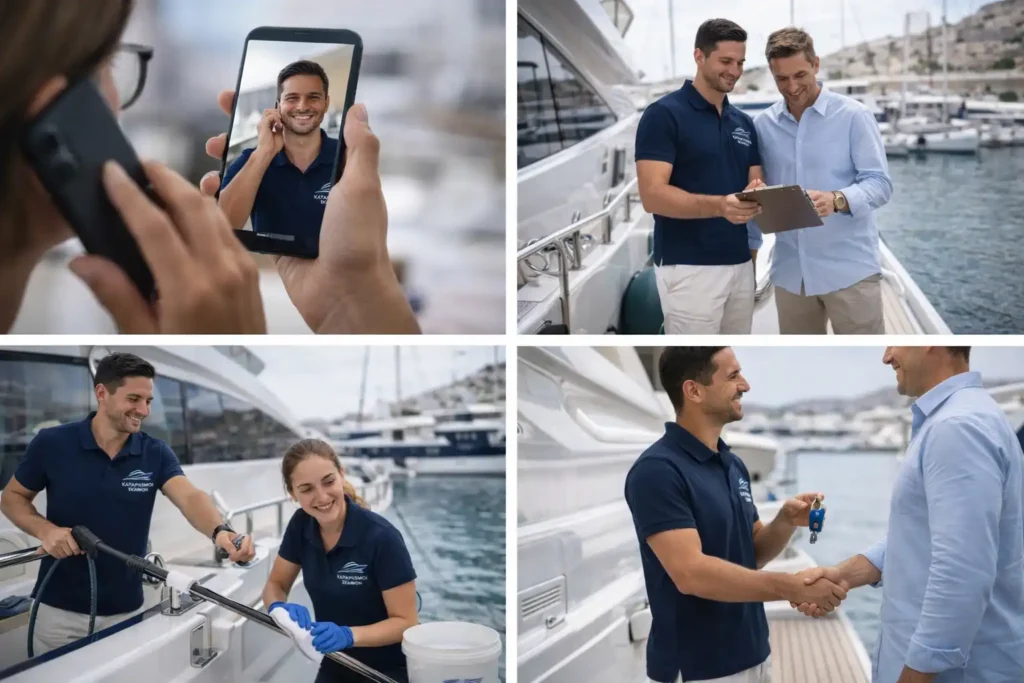 διαδικασία καθαρισμού σκαφών με στάδια επικοινωνίας, επίσκεψης, καθαρισμού και παράδοσης σε yacht