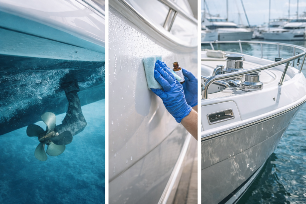 καθαρισμός γάστρας και εξωτερικών επιφανειών yacht με επαγγελματικές τεχνικές για βελτίωση απόδοσης