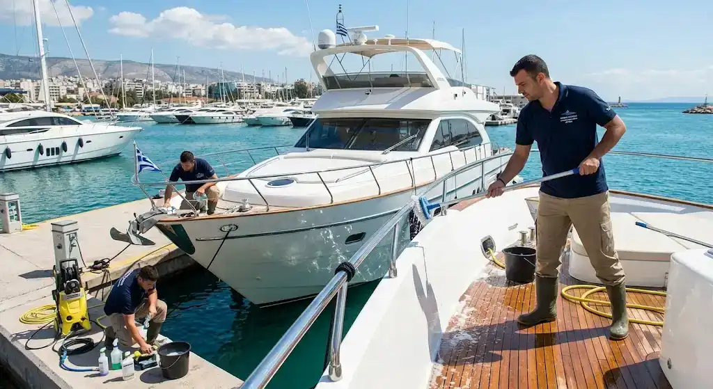 ομάδα καθαρισμού σκαφών εργάζεται σε yacht σε μαρίνα με εξοπλισμό και επαγγελματικά εργαλεία