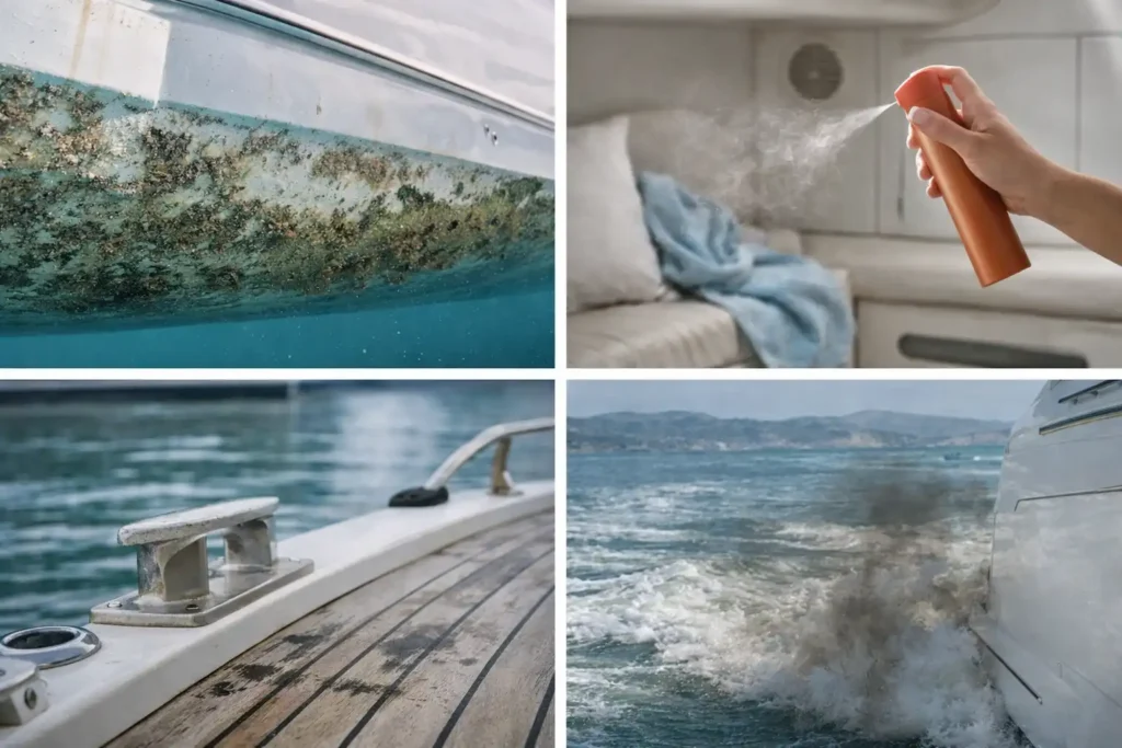 βρώμικη γάστρα με άλγη, λεκέδες στο deck και εσωτερικός χώρος σκάφους με προβλήματα καθαριότητας