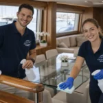 Επαγγελματίες καθαρίζουν το εσωτερικό yacht με εξοπλισμό και υλικά συντήρησης σκαφών