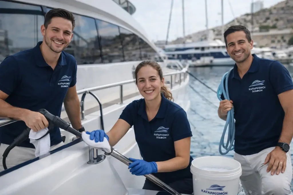 Ομάδα επαγγελματιών καθαρισμού σκαφών εργάζεται σε yacht σε μαρίνα με εξοπλισμό και υλικά καθαρισμού