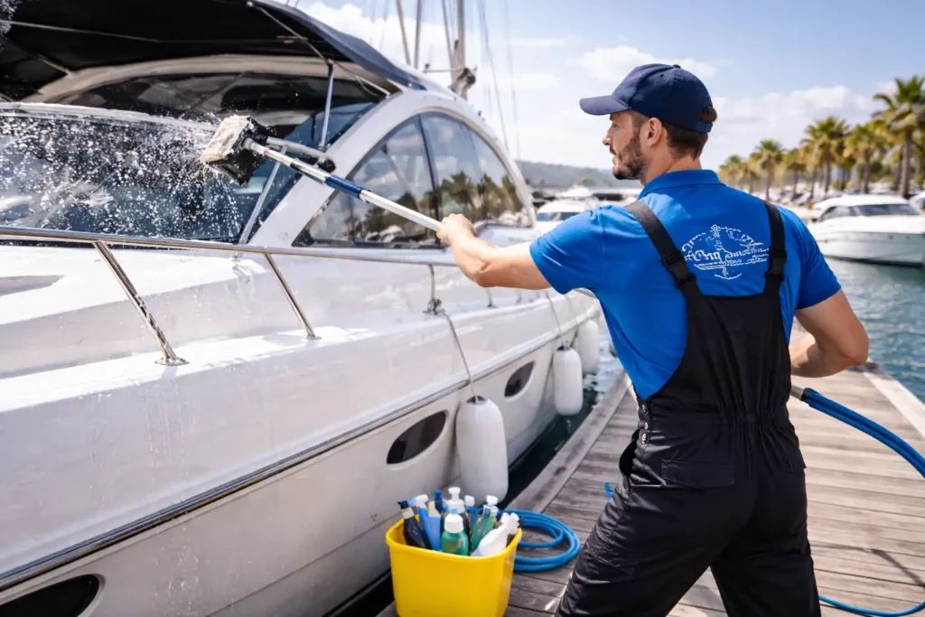 εργαζόμενος καθαρίζει εξωτερικά σκάφος σε μαρίνα στην αττική με επαγγελματικό εξοπλισμό