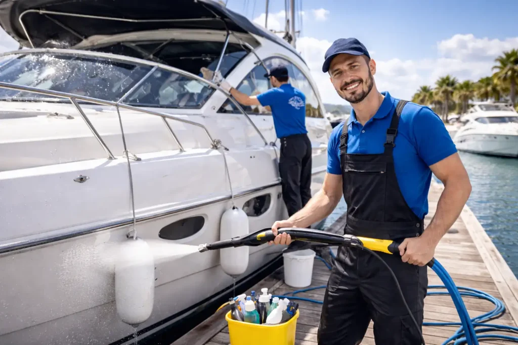 εξωτερικός καθαρισμός σκάφους στη μαρίνα με επαγγελματία τεχνικό και εξοπλισμό καθαρισμού