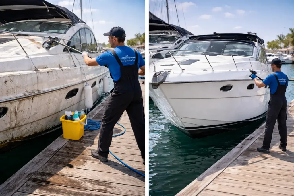 Εξωτερικός καθαρισμός σκάφους πριν και μετά με απομάκρυνση αλάτων και επαναφορά γυαλάδας σε μαρίνα