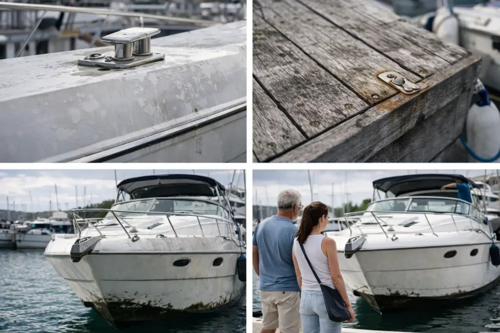 Εξωτερικός καθαρισμός σκαφών με εμφανή άλατα, λεκέδες στο deck και θαμπάδα στην επιφάνεια σκάφους σε μαρίνα