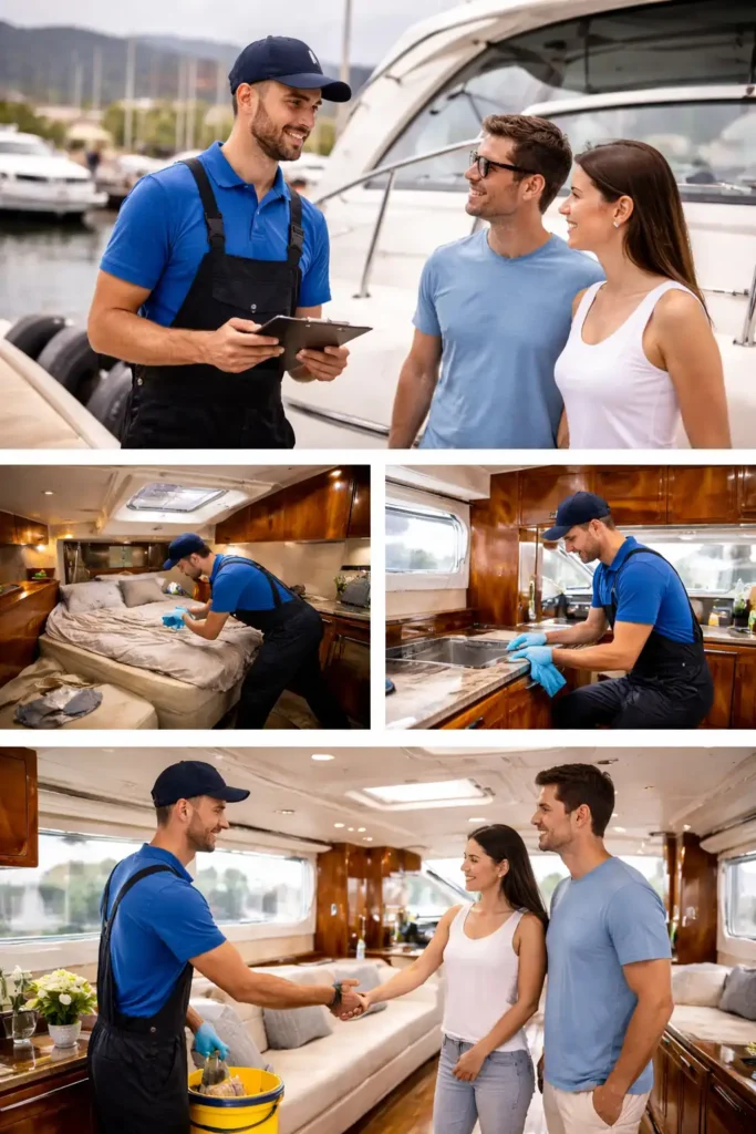 Διαδικασία εσωτερικού καθαρισμού σκάφους με εκτίμηση, καθαρισμό καμπίνας και παράδοση σε πελάτες μέσα σε yacht