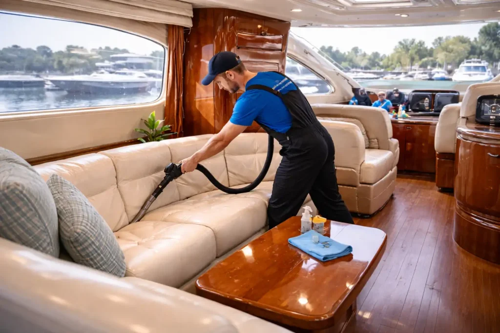 Εσωτερικός καθαρισμός σκάφους σε καμπίνα με επαγγελματία να καθαρίζει καθίσματα και επιφάνειες πολυτελούς yacht