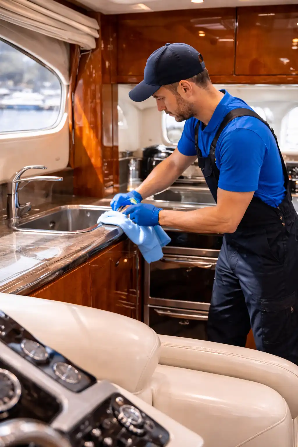 Εσωτερικός καθαρισμός σκάφους σε κουζίνα με επαγγελματία να καθαρίζει επιφάνειες και inox νεροχύτη σε yacht