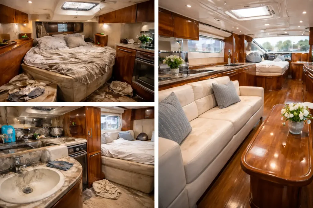Πριν και μετά εσωτερικός καθαρισμός σκάφους με καμπίνα, σαλόνι και κουζίνα από βρώμικο σε καθαρό και λαμπερό περιβάλλον