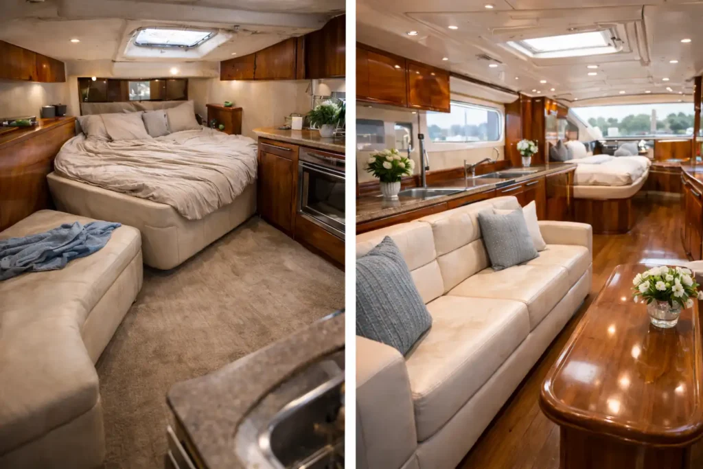 Πριν και μετά εσωτερικός χώρος σκάφους με καμπίνα και σαλόνι από χρησιμοποιημένο σε καθαρό και περιποιημένο περιβάλλον