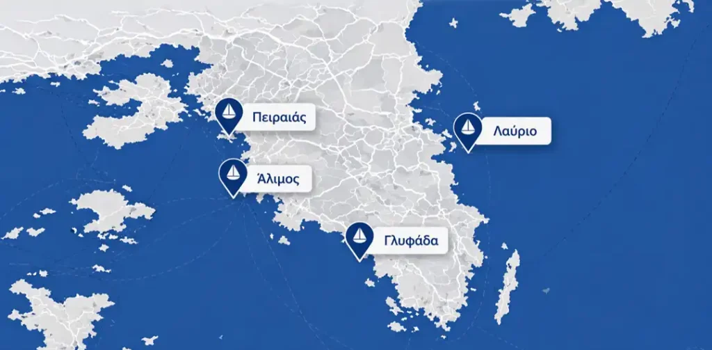 Χάρτης Αττικής με περιοχές καθαρισμού σκαφών σε Άλιμο, Πειραιά, Γλυφάδα και Λαύριο