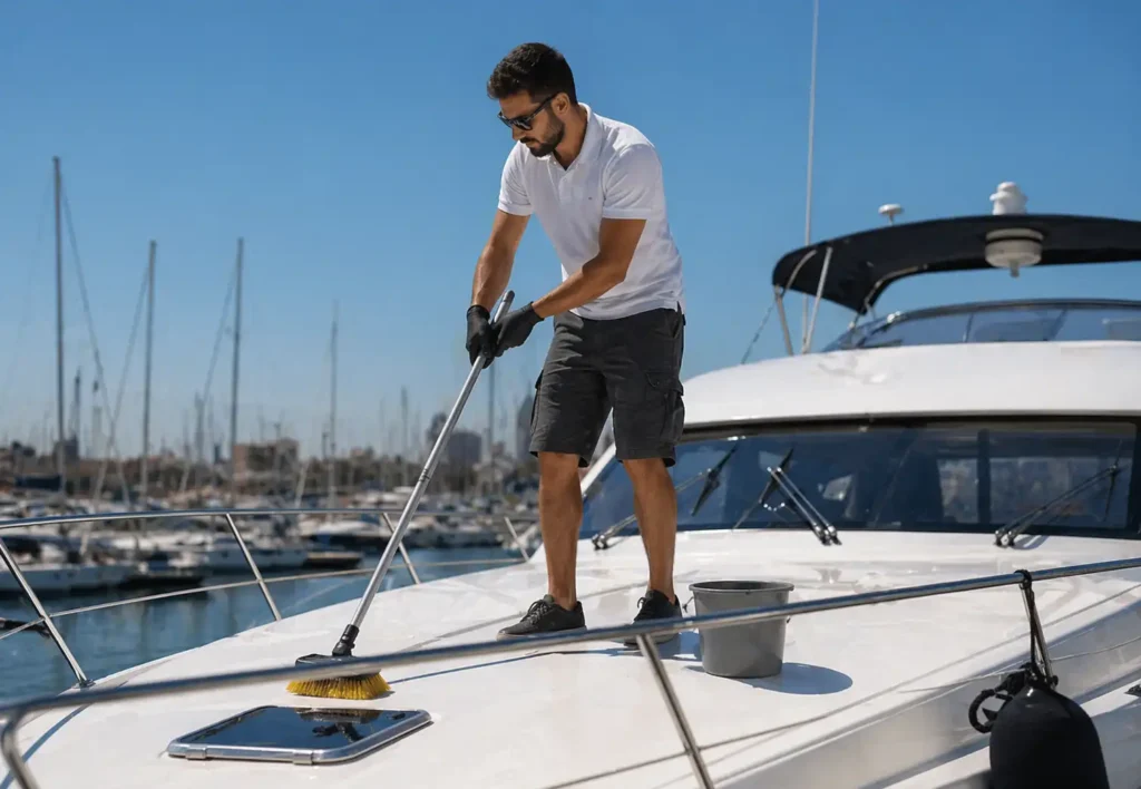 τεχνικός καθαρίζει deck σκάφους σε μαρίνα Πειραιά με επαγγελματικό εξοπλισμό
