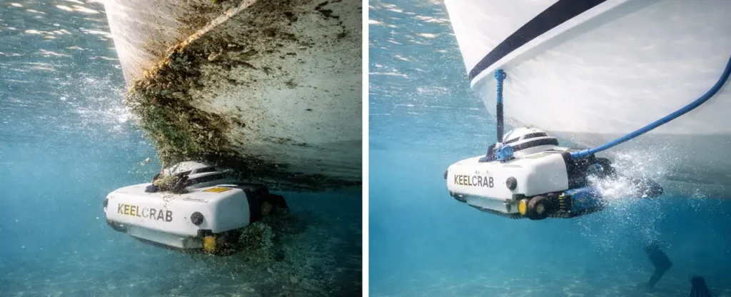 καθαρισμός γάστρας σκάφους με ρομπότ keelcrab πριν και μετά μέσα στο νερό με άλγη και καθαρή επιφάνεια
