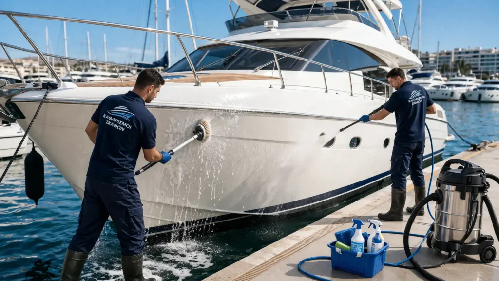 επαγγελματίες καθαρίζουν yacht σε μαρίνα στην Αττική με εξοπλισμό καθαρισμού σκαφών