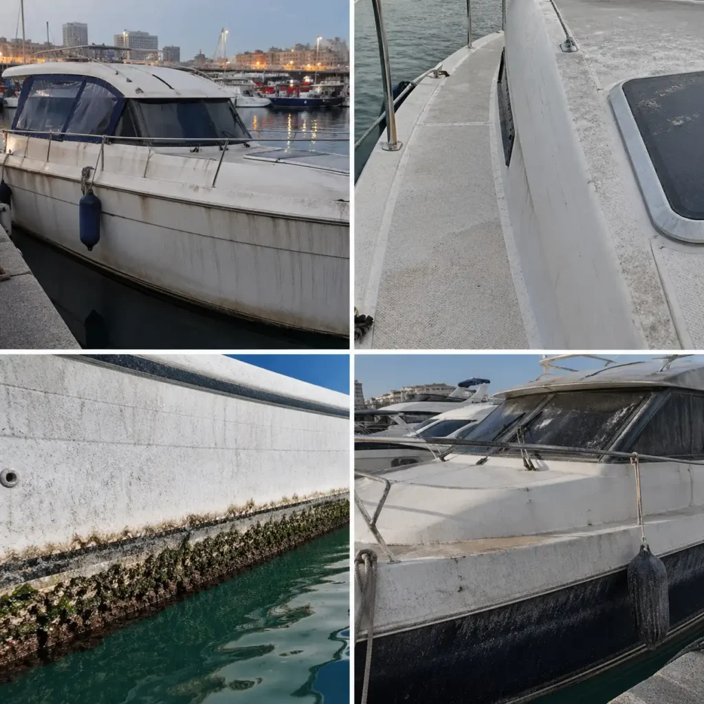 Σκάφος στον Πειραιά με ρύπους, άλατα, φθορά στο deck και βρώμικη γάστρα που χρειάζεται καθαρισμό