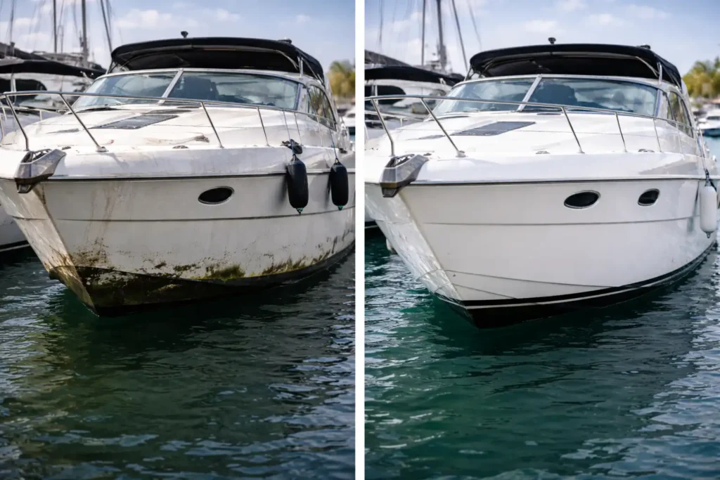 Πριν και μετά καθαρισμού σκάφους σε μαρίνα με αφαίρεση αλάτων και πλήρη αποκατάσταση γυαλάδας