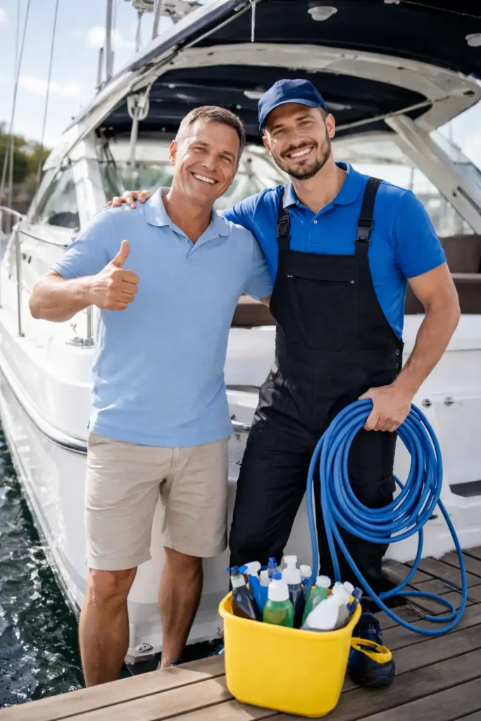 τεχνικός καθαρισμού σκάφους με πελάτη χαρούμενοι μπροστά από καθαρό σκάφος στη μαρίνα
