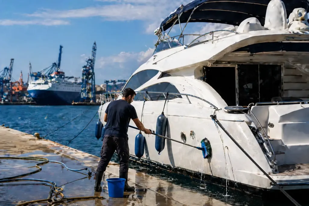 τεχνικός καθαρίζει σκάφος σε λιμάνι Πειραιά με επαγγελματικό εξοπλισμό