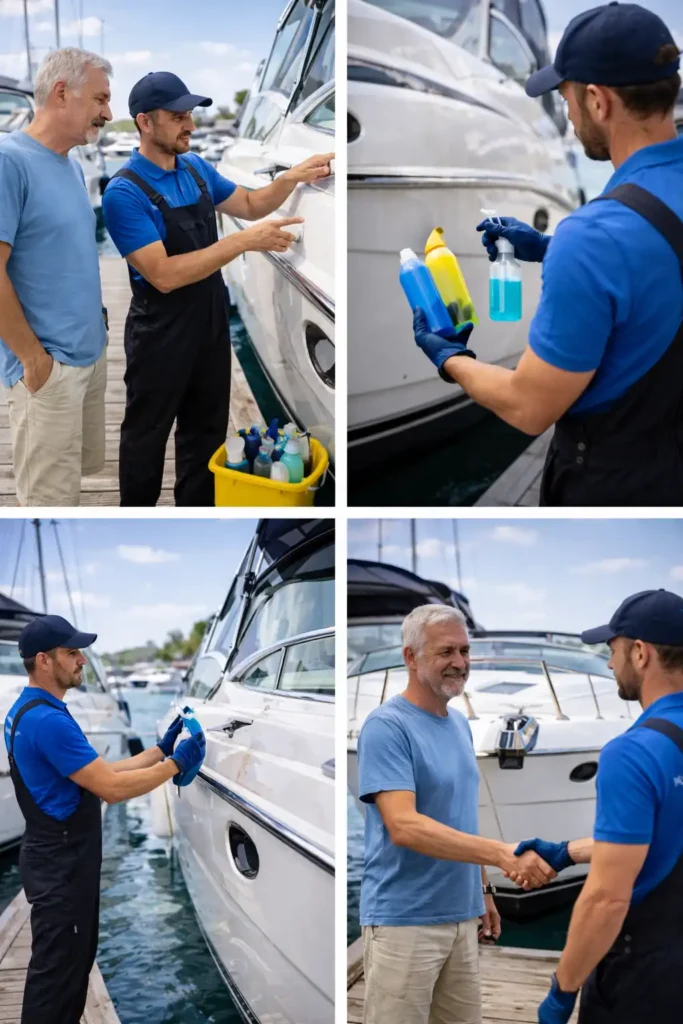 Διαδικασία εξωτερικού καθαρισμού σκάφους με εκτίμηση, επιλογή υλικών, καθαρισμό και παράδοση σε μαρίνα