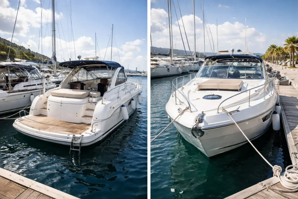 καθαρό σκάφος δεμένο σε μαρίνα με ήρεμη θάλασσα και άλλα σκάφη στο φόντο