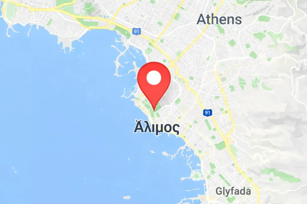 Χάρτης Αττικής με pin στον Άλιμο για υπηρεσίες καθαρισμού σκαφών