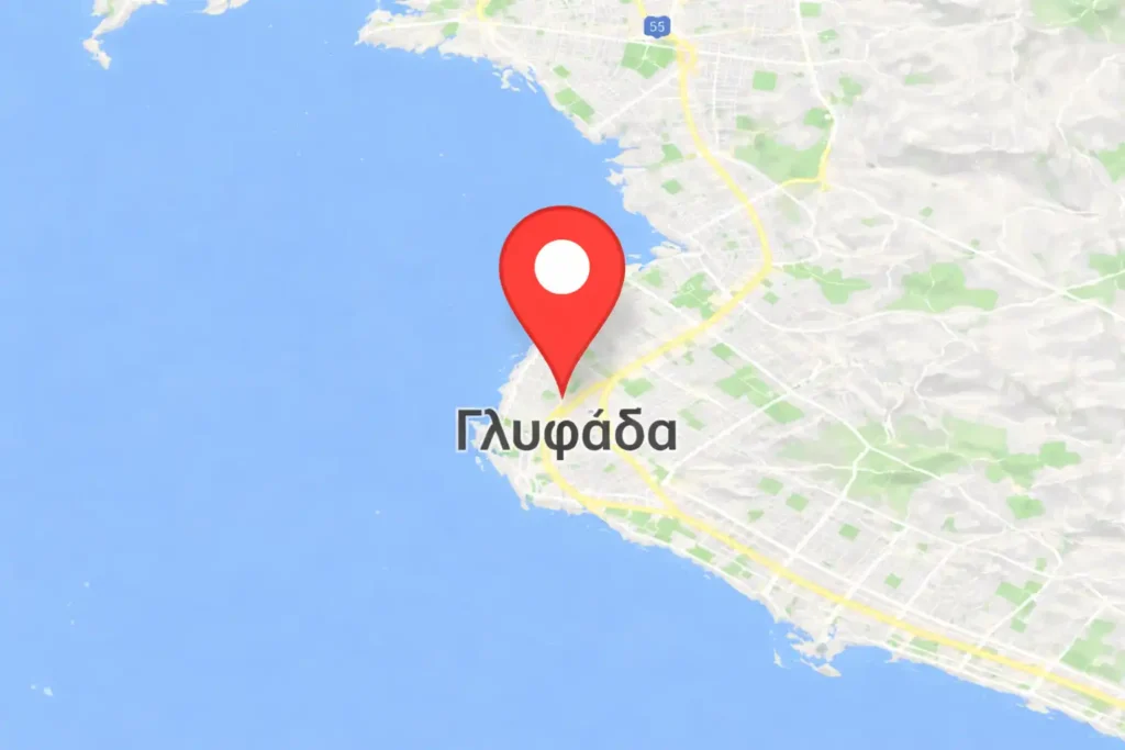 Χάρτης Αττικής με pin στη Γλυφάδα για υπηρεσίες καθαρισμού σκαφών