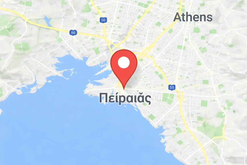 Χάρτης Αττικής με pin στον Πειραιά για υπηρεσίες καθαρισμού σκαφών
