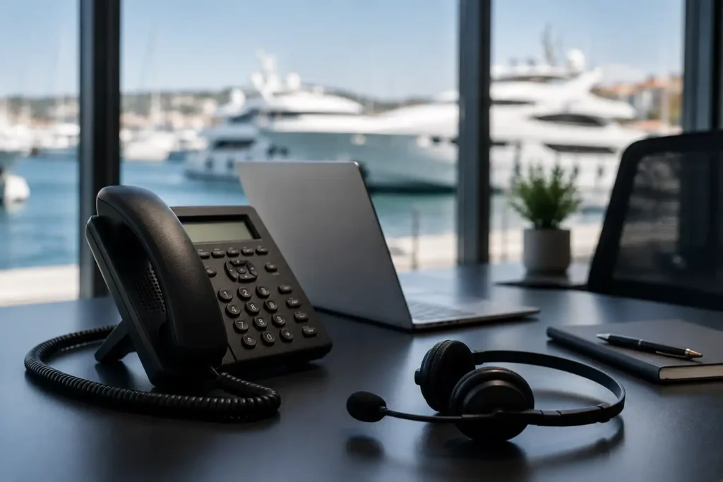 Γραφείο επικοινωνίας εταιρίας καθαρισμού yacht με θέα μαρίνα και σκάφη στην Αττική