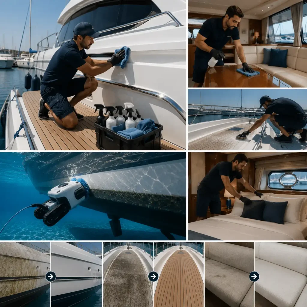 επαγγελματικός καθαρισμός yacht με detailing εσωτερικών χώρων deck cleaning και ρομπότ καθαρισμού γάστρας