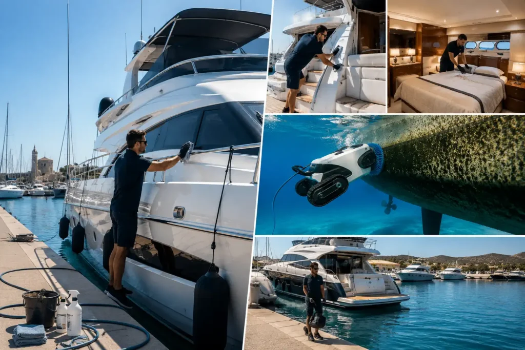 επαγγελματικός καθαρισμός yacht στη μαρίνα Λαυρίου με charter cleaning και καθαρισμό γάστρας