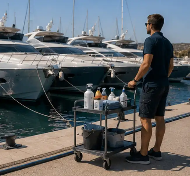 καθαρό charter yacht έτοιμο για αναχώρηση στη μαρίνα Λαυρίου μετά από επαγγελματικό καθαρισμό
