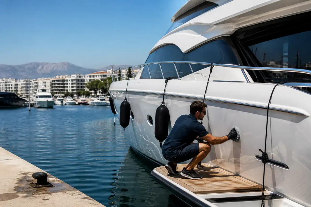 τεχνικός καθαρίζει πολυτελές yacht στη μαρίνα Γλυφάδας με επαγγελματικό εξοπλισμό
