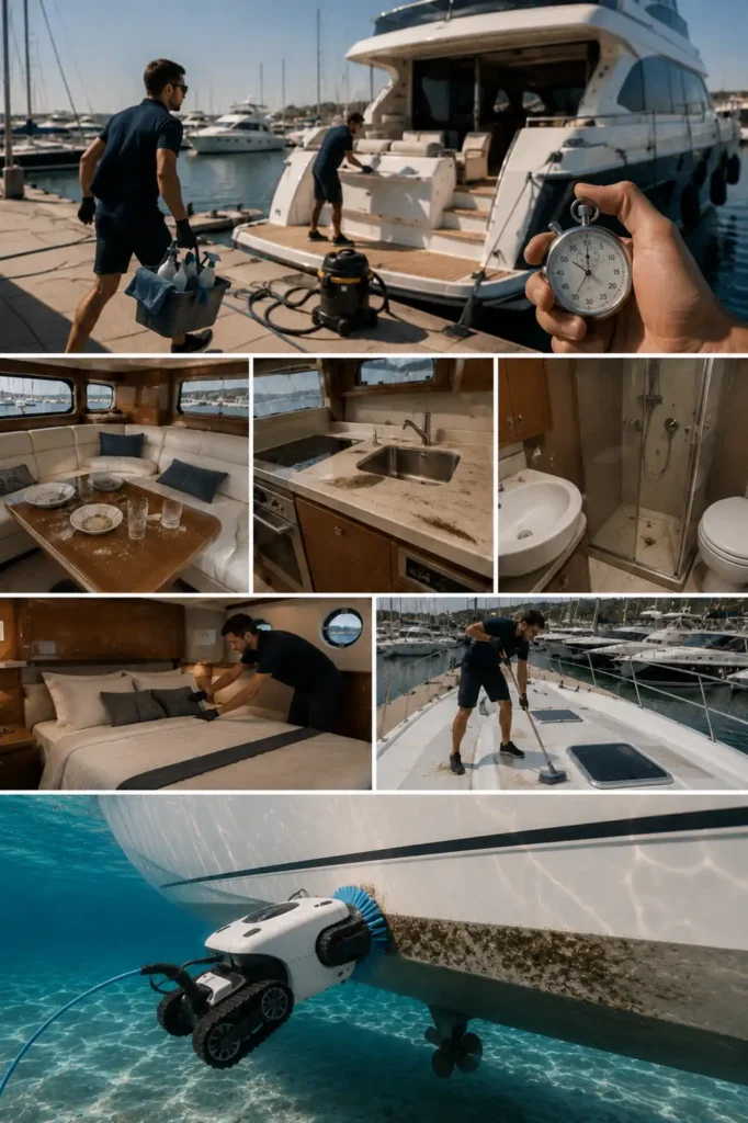 charter yacht στο Λαύριο με γρήγορο καθαρισμό εσωτερικών χώρων deck και ρομπότ καθαρισμού γάστρας
