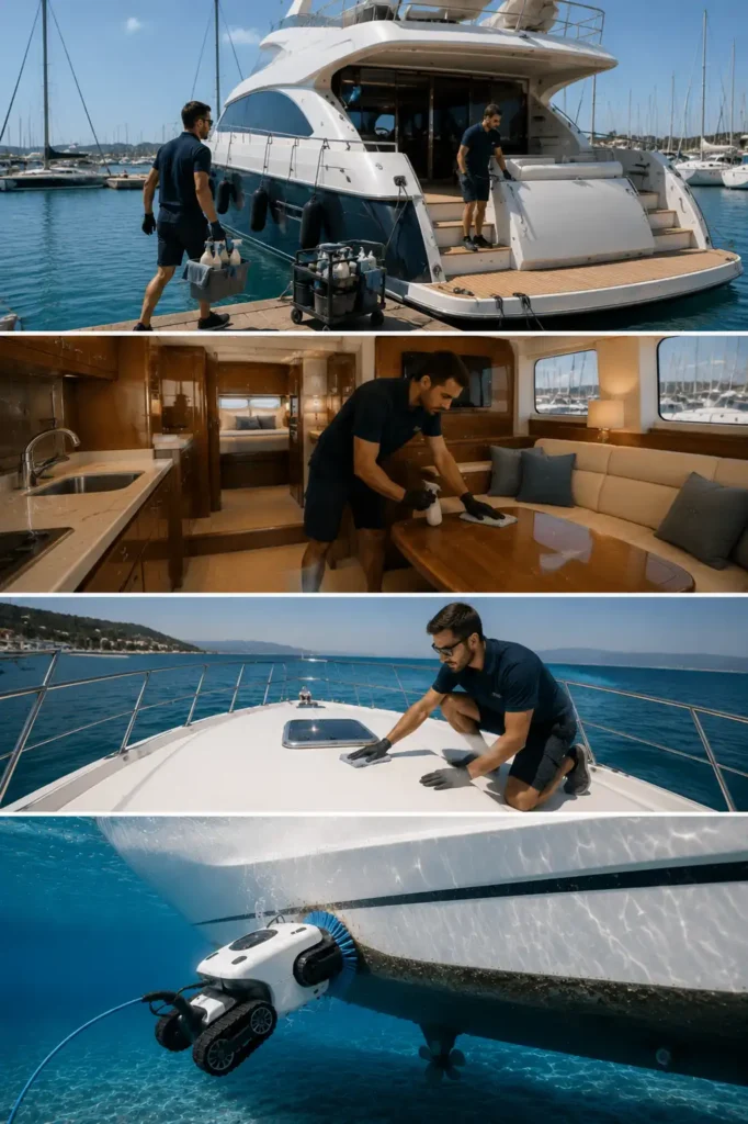 charter cleaning yacht στο Λαύριο με εσωτερικό καθαρισμό deck cleaning και ρομπότ καθαρισμού γάστρας